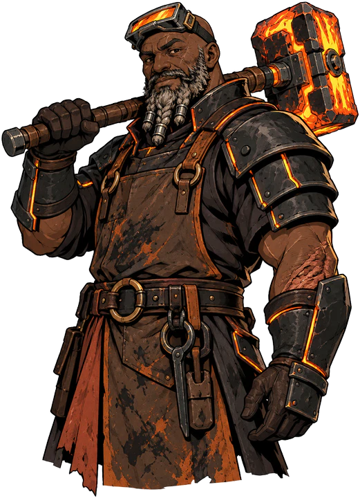 Brannoc, a bearded smith in a leather apron with a glowing hammer over his shoulder
