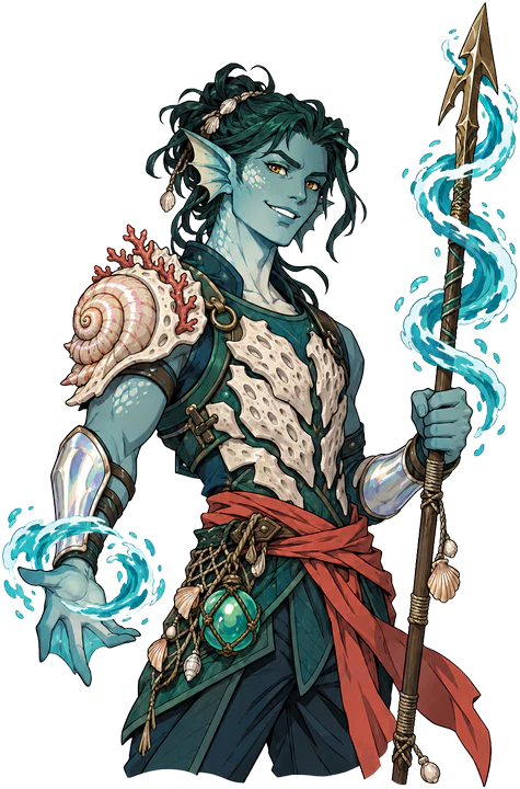 Corin, one of the reef folk, with finned ears and a harpoon wrapped in living water