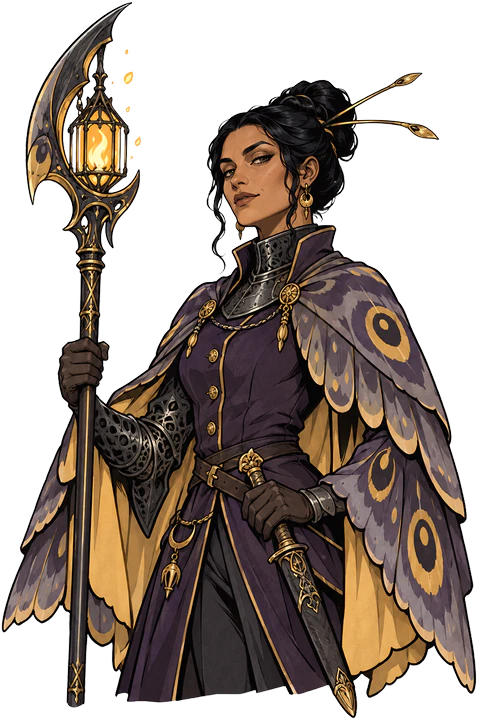 Isaure, in a cloak cut like a moth's wings, with a glaive that cradles a lantern
