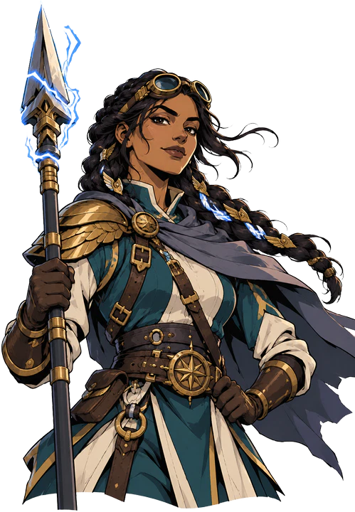 Sana, a young captain in flying goggles, holding a lance with lightning running along it