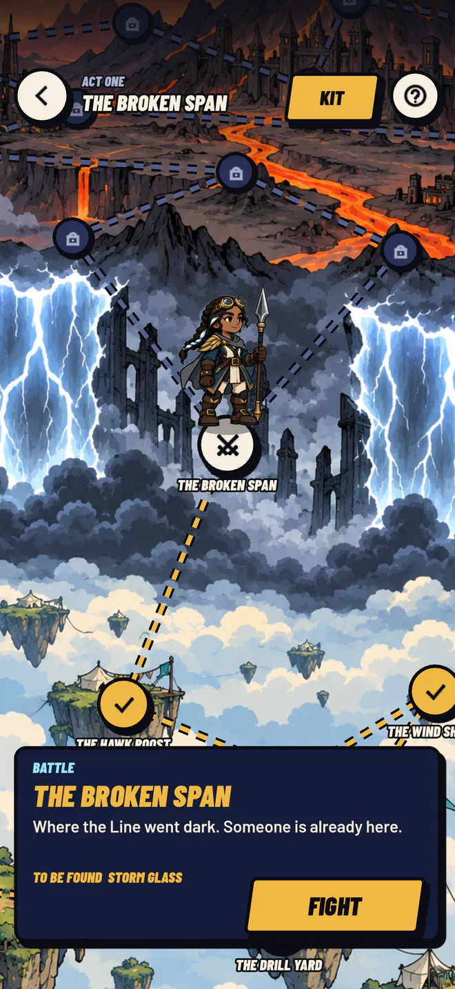The map of act one. A small figure of Sana stands in front of the gap in the wall of lightning, at a stop called The Broken Span.