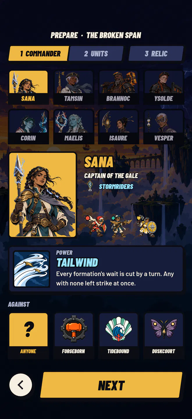 Choosing a commander. Eight portraits, with Sana chosen and her power, Tailwind, described.