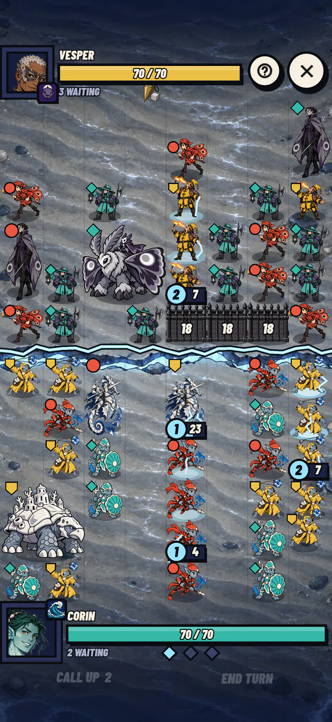 A battle on tide flats between the Tidebound, with a giant turtle, and the Duskcourt, with a giant moth.